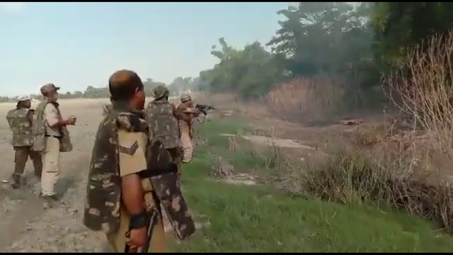 <p>Screengrab from the video showing police in riot gear firing shots at targets from behind bushes </p>