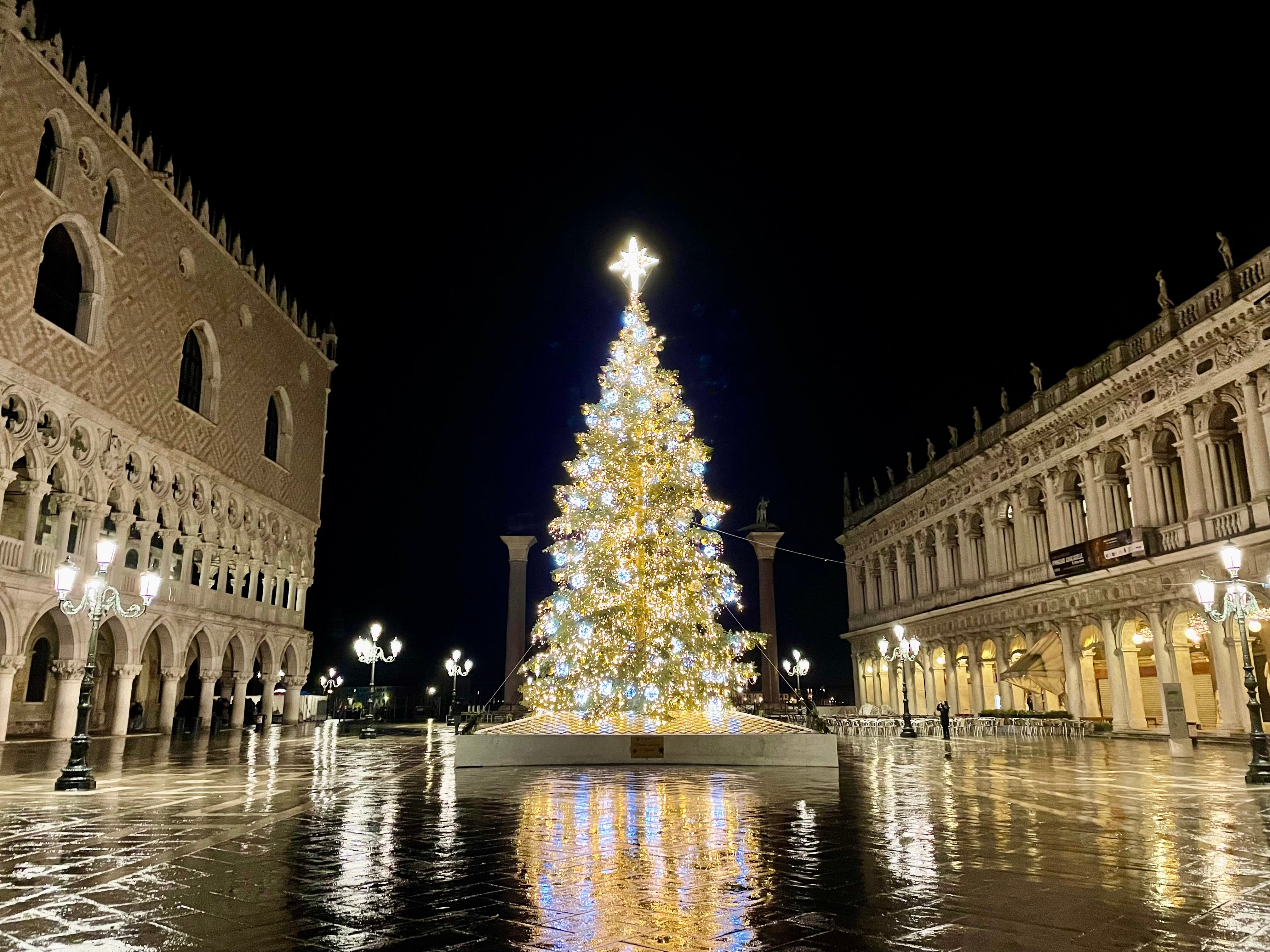 Christmas cheer on a rainy night at St Mark’s Square