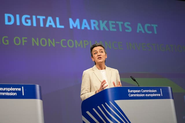European Commissioner for Europe fit for the Digital Age, Margrethe Vestager speaks during a media conference regarding the Digital Markets Act at EU headquarters in Brussels, Monday, March 25, 2024. The European Commission on Monday opened non-compliance investigations against Alphabet, Apple and Meta under the Digital Markets Act. (AP Photo/Virginia Mayo)