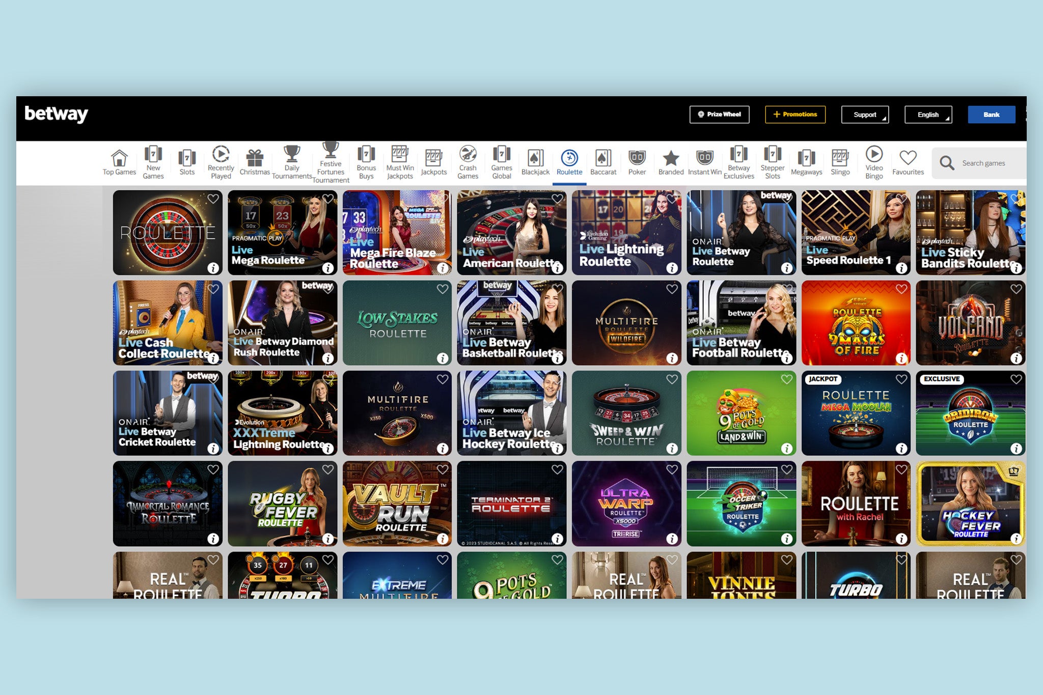 We found 70 different variations of roulette on Betway Casino