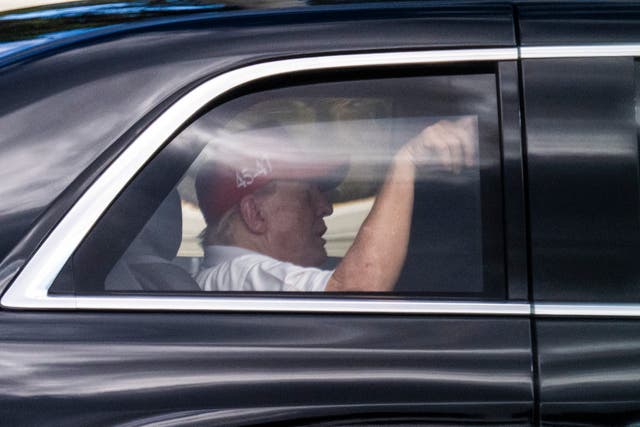 <p>US President Donald Trump returns to the Mar-a-Lago resort in Palm Beach, Florida, after playing golf with Tiger Woods at the International Golf Club in West Palm Beach on February 9, 2025</p>
