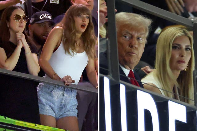 <p>While both Swift (left) and Trump (right) appeared on the jumbotron during the game, one was cheered while the other was booed</p>