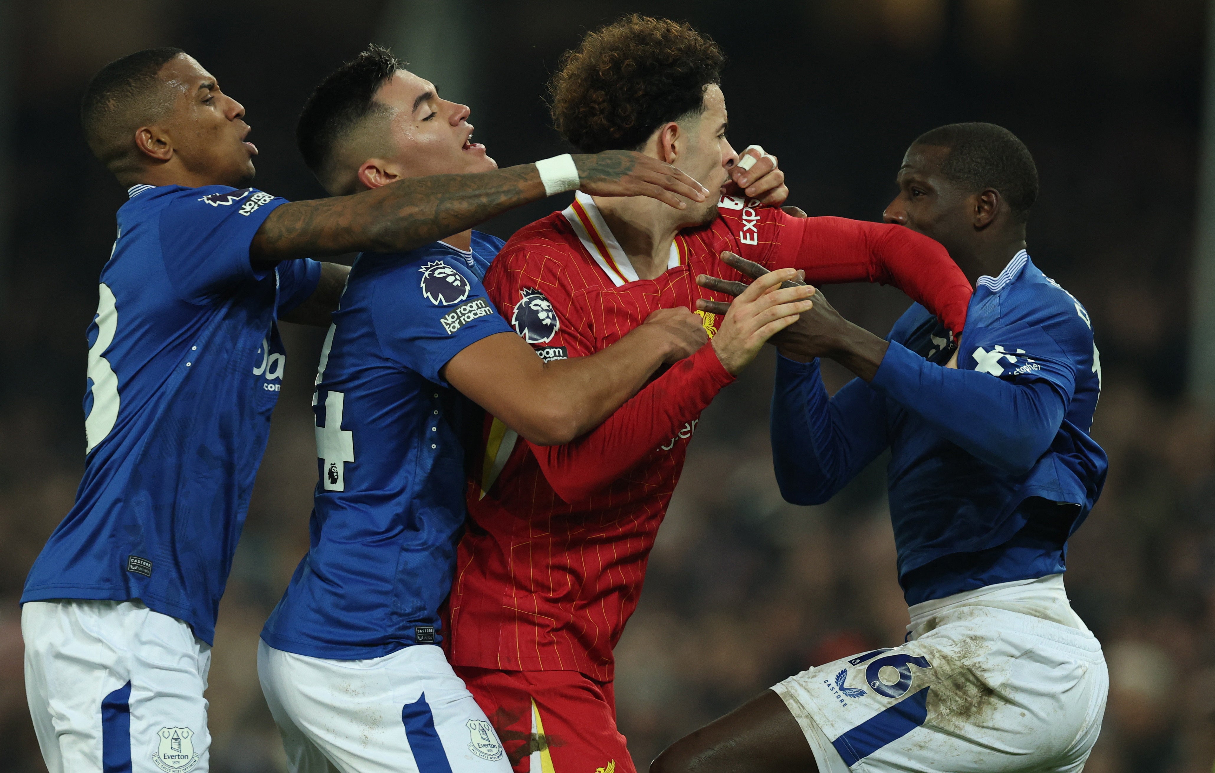 Jones was sent off for pushing Doucoure, who celebrated in front of the Liverpool fans