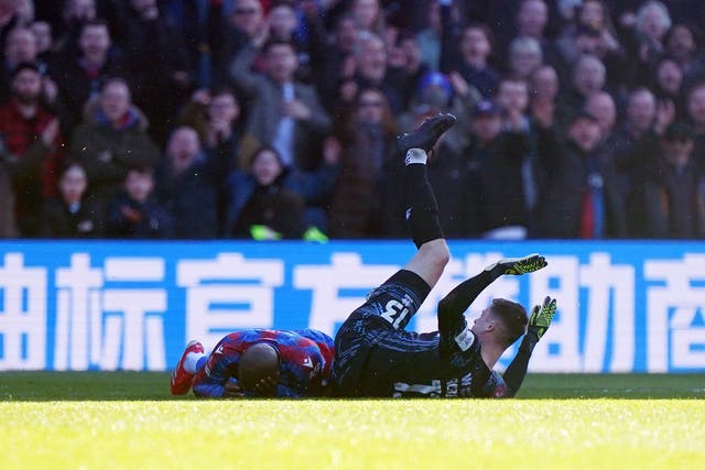Millwall goalkeeper Liam Roberts clashed with Crystal Palace’s Jean-Philippe Mateta (Zac Goodwin/PA)