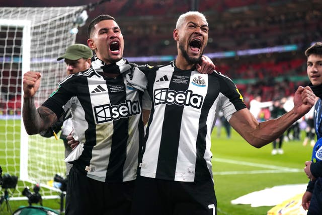 Bruno Guimaraes (left) and Joelinton celebrate at Wembley (PA)