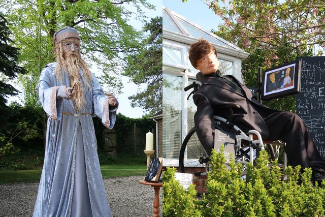 (from left to right) Dumbledore and Stehen Hawking scarecrows (Richard Hawkins and Urchfont Scarecrow Festival Charity/PA)
