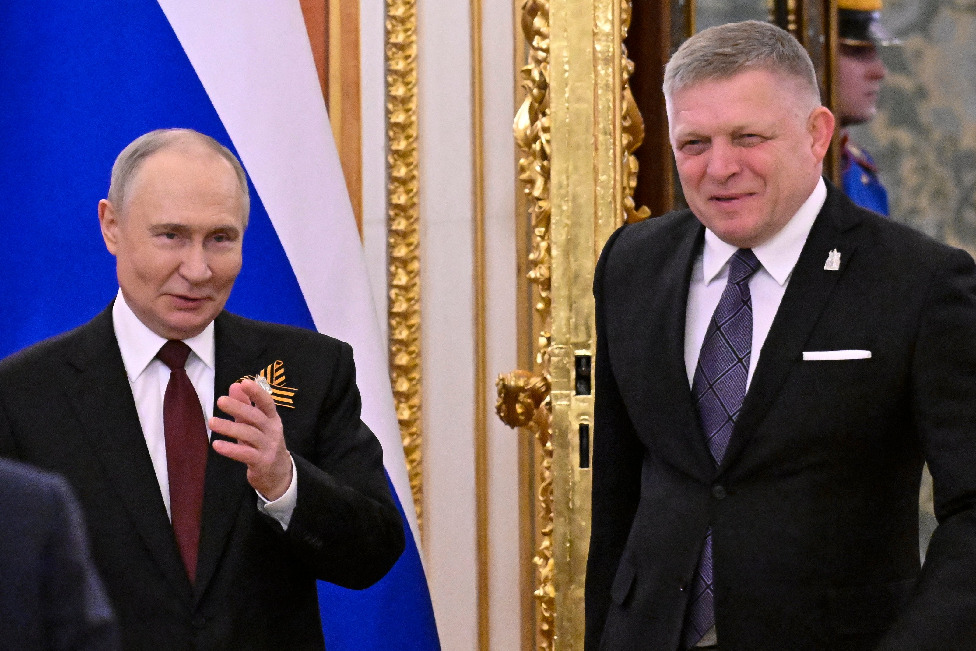Russian president Vladimir Putin meets with Slovak prime minister Robert Fico at the Kremlin in Moscow on May 9