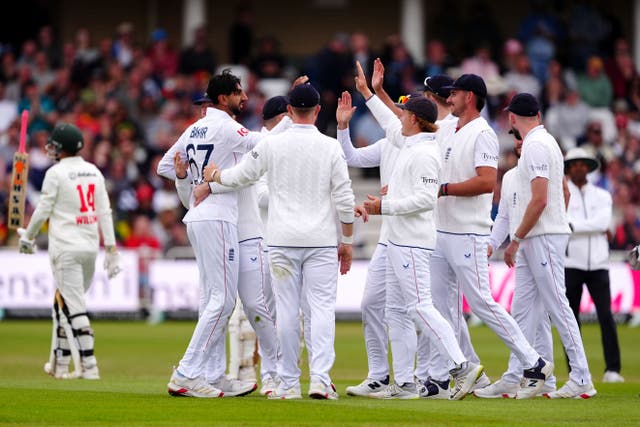 Shoaib Bashir celebrates taking the wicket of Sean Williams (Mike Egerton/PA)