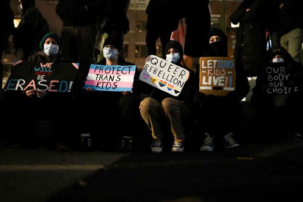 People gather to protest for trans people rights in New York City on 3 February 2025